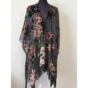 World Market Velvet Burnout Floral Kimono One Size Gray Pink Green Fringe Boho